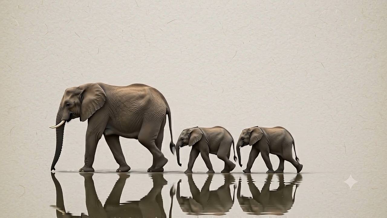 An elephant matriarch and two calves walking across pale ground, softly reflected.